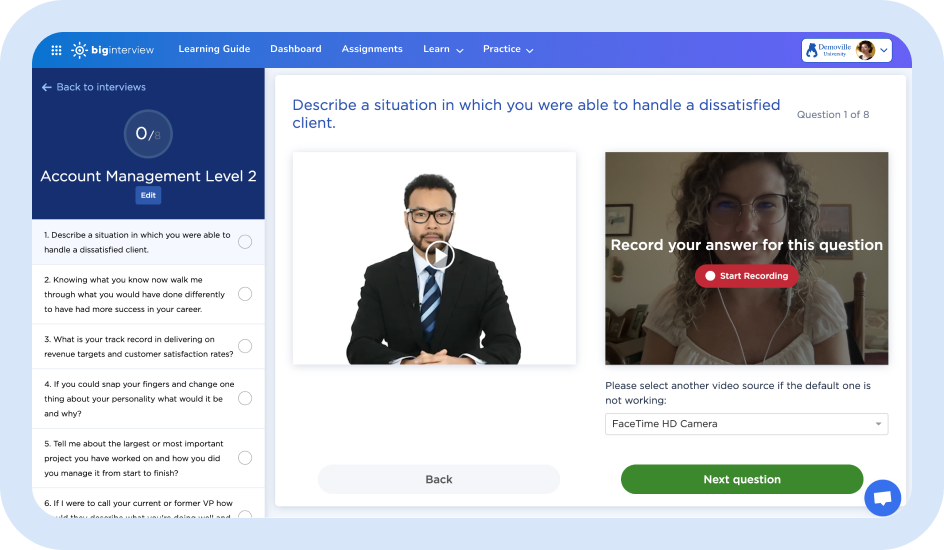 Big Interview practice screen